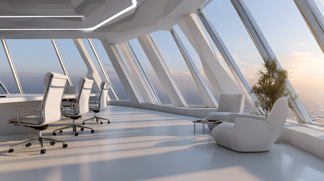 Modern Office Workspace with Ocean View: Contemporary office space, flooded with natural light, provides a panoramic ocean vista and evokes feelings of innovation and productivity.