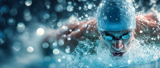 Competitive swimmer performs butterfly stroke in an indoor pool at a city sports facility