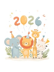 Fototapeta premium Cute Cartoon Animals Celebrating New Year 2026 with Balloons