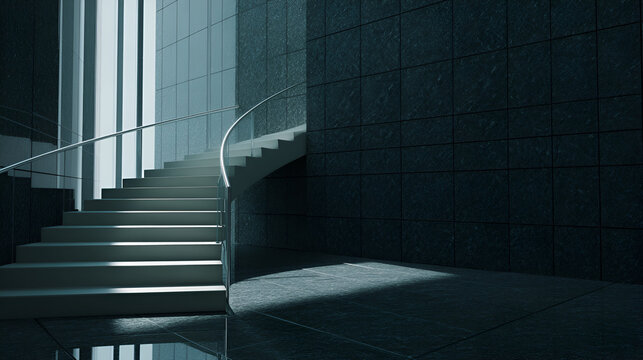 Ascending to Success: An image of modern architectural design, features an elegant, curved staircase bathed in the cool light. Capturing a mood of ambition and upward movement.