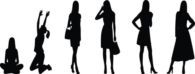 Set of black silhouettes of women in various poses, sitting, jumping and standing, fashion lifestyle concept, isolated on white background, vector