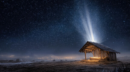 A radiant star shines over a rustic manger in a snowy night scene, creating a peaceful atmosphere that invites reflection and tranquility