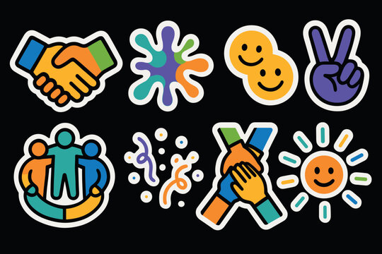 Colorful symbolic stickers of unity and positivity on black background