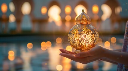 Golden Lantern Illuminating Hopeful Hands Capturing the Essence of Ramadan Celebrations with Warmth and Spiritual Reflection in a Serene Setting