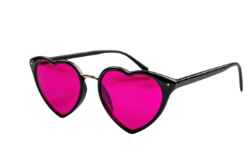Black framed heart shaped sunglasses with bright pink lenses on black image