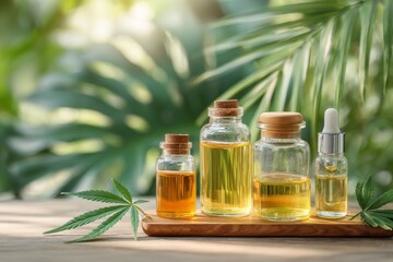 Cannabis Oil Infusion Aromatic Glass Bottles Displayed with Leaves and Tropical Foliage Behind Revealing Wellness and Relaxation