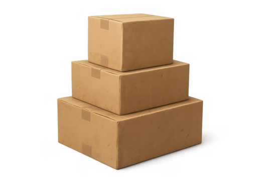 Cardboard boxes stacked for shipping, delivery, moving, packaging, and logistics with transparent background