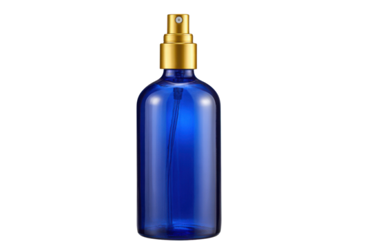 Blue glass spray bottle with gold metal cap and pump image