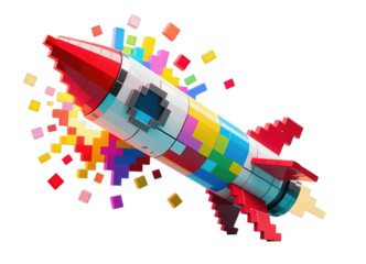 Colorful pixel art rocket with digital effect