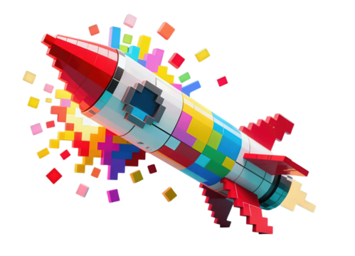 Colorful pixel art rocket with digital effect