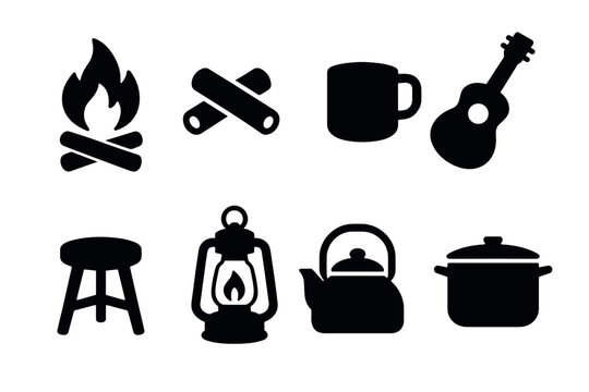 Camping icons: fire, acoustic guitar, mug, lantern, kettle, cookware, stool in silhouette style