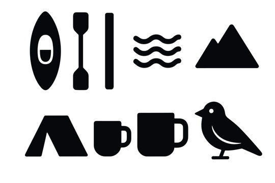 Outdoor adventure icons: camping, kayaking, and nature elements in bold silhouette