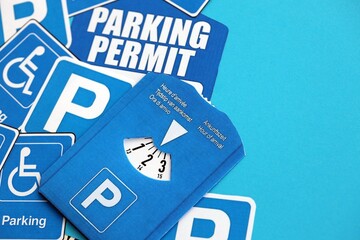 Parking permit paper notice tag and parking disc. Parking permit for people with disabilities concept