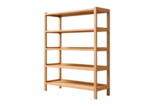 Light wood five tier shelving unit against black background shelf wooden