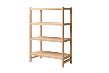 Light wood four shelf open storage unit against black background shelving