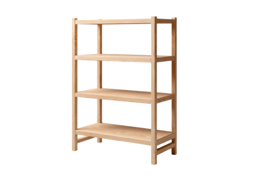 Light wood four shelf open storage unit against black background shelving