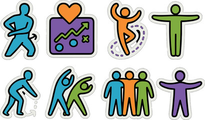 Colorful fitness and teamwork stickers with fun and energetic icons