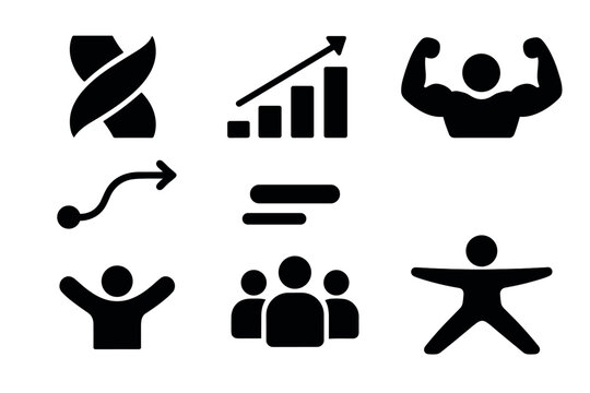 Set of silhouette icons representing growth, fitness, and teamwork