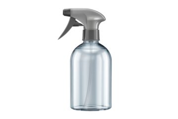 Clear plastic spray bottle with grey trigger filled with clear liquid image