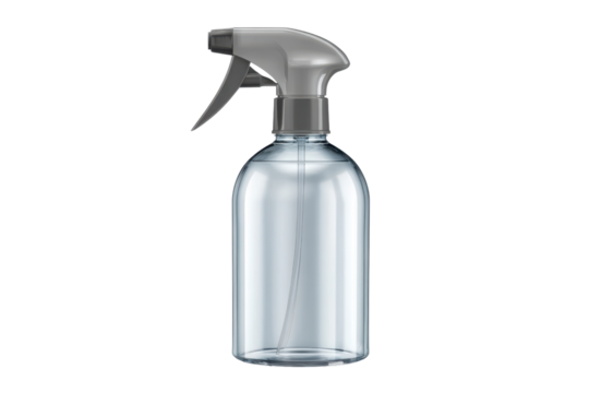 Clear plastic spray bottle with grey trigger filled with clear liquid image
