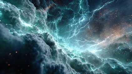 Celestial Symphony A Mesmerizing Display of Electric Blue Lightning Illuminating a Turbulent Nebula Sky Canvas of cosmic Wonders