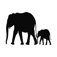 Fototapeta premium A silhouette of an elephant family isolated on, featuring a mother and baby, representing family, protection, and the bond between generations
