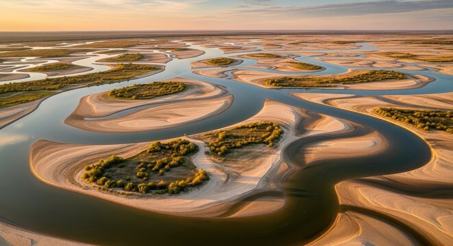 Aerial view of meandering river with sandbars and sparse vegetation