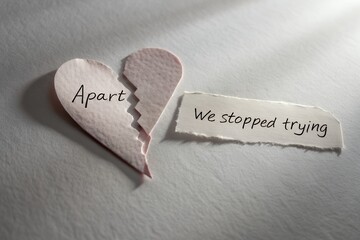 Broken paper heart torn in two labeled Apart and text We Stopped Try