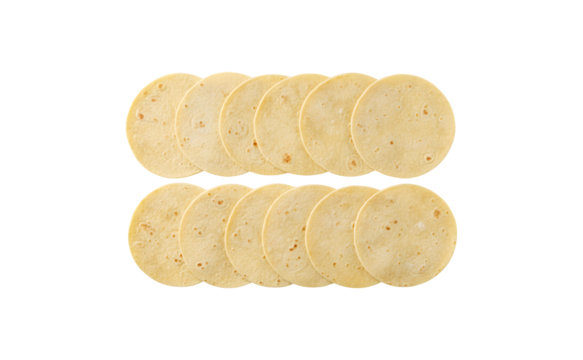 Collection of corn tortillas against a white background, top-down view on a white horizontal layout

