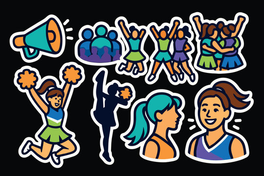 Cheer squad celebration sticker set with colorful outlined graphics