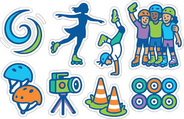 Roller skating fun: colorful stickers and icons for sports enthusiasts