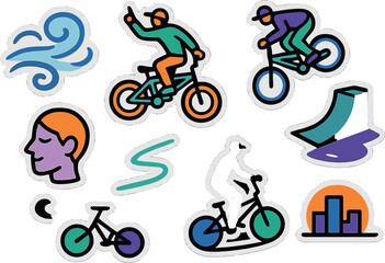 Fototapeta premium Trendy urban bicycle sticker set with colorful cyclist and city icons