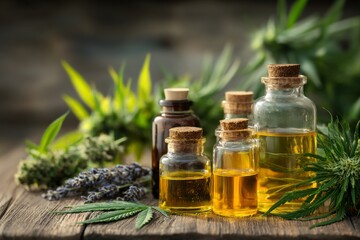Natural Alternative Medicine Oils Displayed with Lavender and Hemp for Wellness Product Photography Concept and Design Backdrop Composition