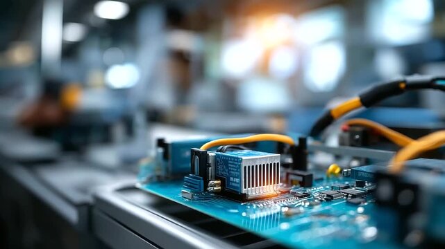 Close up of battery management system installation circuit boards and wiring visible EV electronics integration BMS technology automated assembly robotic precision work