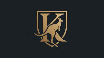 Elegant kangaroo letter k logo design with golden silhouette on dark background embodying sophistication and australian identity in modern heraldic style