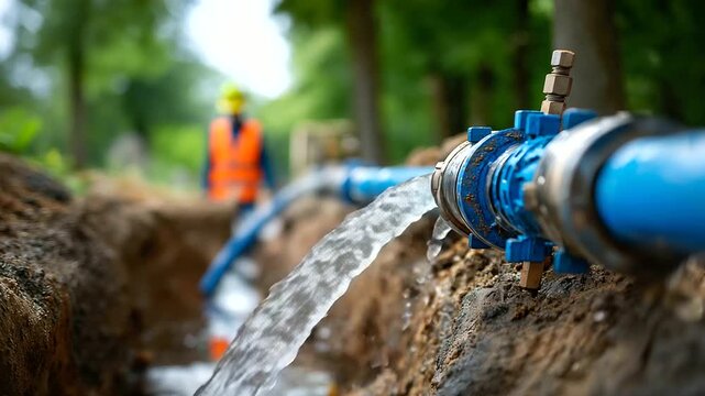 Construction site dewatering pumps removing groundwater from trench infrastructure installation challenge water management pump hoses visible wet construction conditions