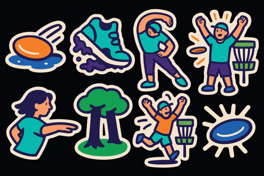 Flat colorful disc golf stickers featuring active people and nature elements