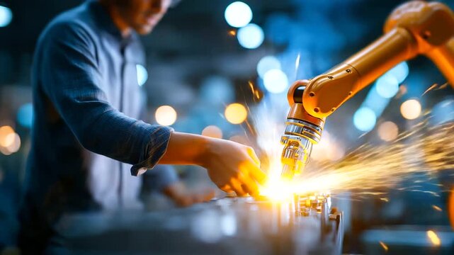 Collaborative robot working alongside human technician on battery assembly cobots in EV manufacturing human robot teamwork automotive production factory floor defocused behind