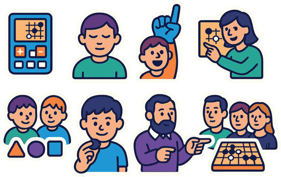 Set of stickers featuring people engaged in cognitive activities with educational tools