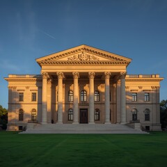 Obraz premium Grand building with columns and pediment bathed in golden sunlight, perfect for architecture, history, or luxury themes.