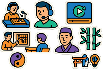 Colorful modern flat icons of asian culture and education