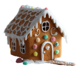 Gingerbread house decorated with icing and candy, hyper realistic product photo on transparent background