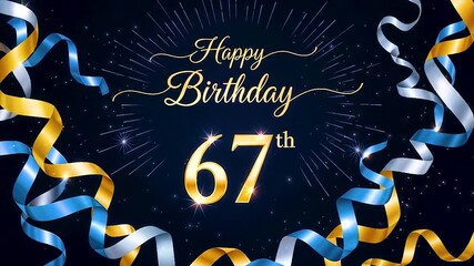 Golden 67th birthday celebration with glowing script, curling ribbons, confetti, and radiant light effects on dark backdrop