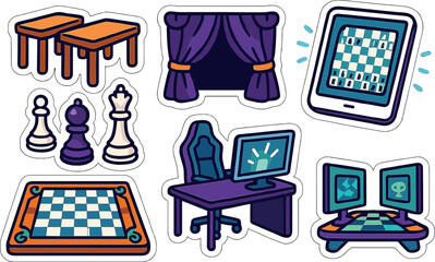 Chess enthusiast's digital workspace: playful stacked stickers featuring digital gaming and strategy elements