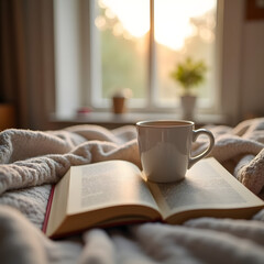 A comforting, warm image features a mug of coffee and an open book on a cozy bed. Sunlight streams through the window in the background.