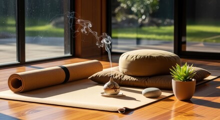 Yoga mat and meditation cushion on wooden floor with incense smoke