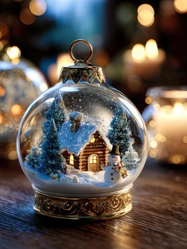 Snow Globe with Cozy Cabin and Snowman in Warm Festive Glow