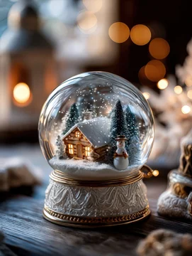 Winter Snow Globe with Wooden Cabin and Snowman in Golden Holiday Light