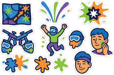 Fototapeta premium Colorful paintball game stickers featuring players, masks, and splatter effects