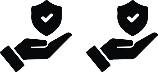 hand holding protective shield black icons set vector design art